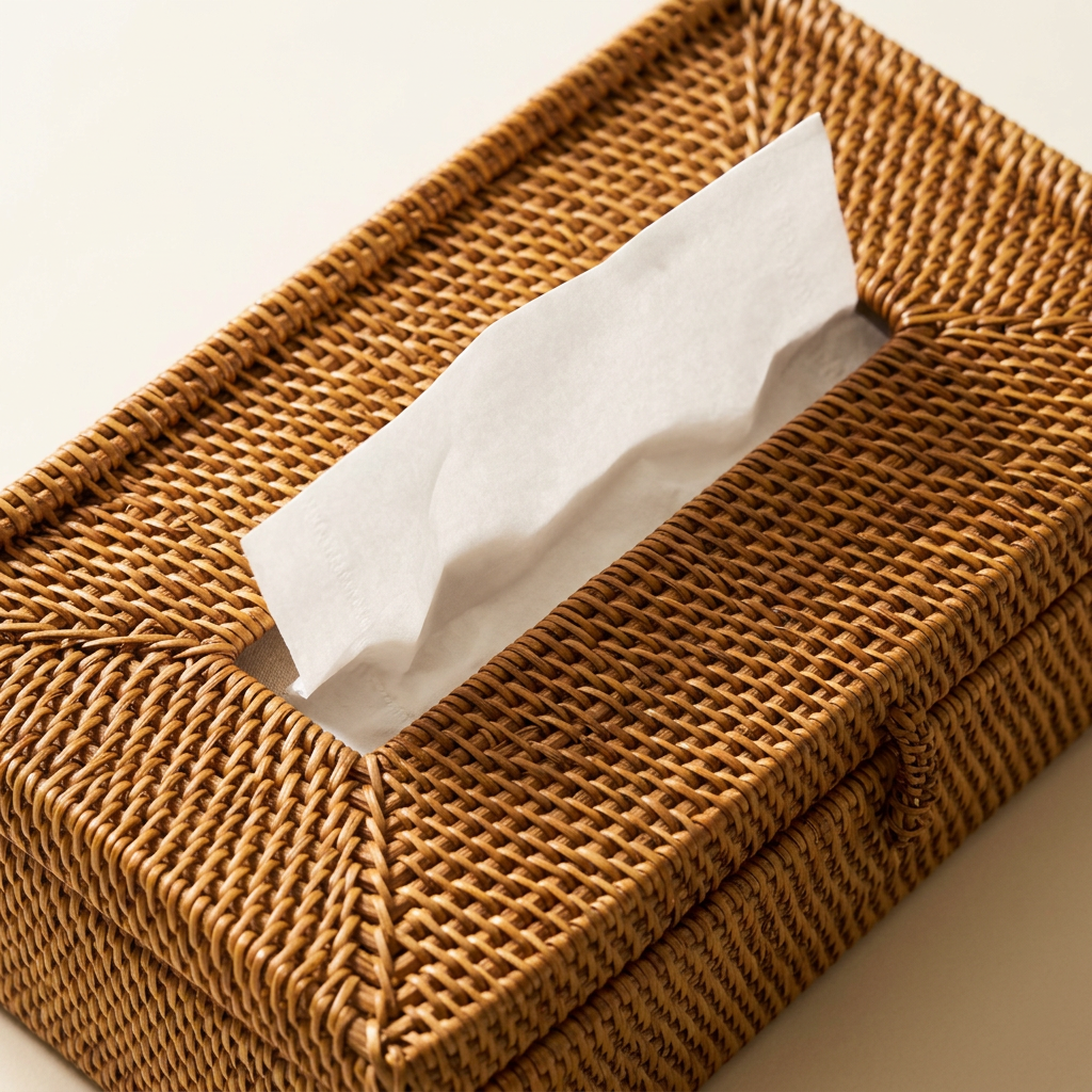 Close-up of woven lid and elongated tissue opening