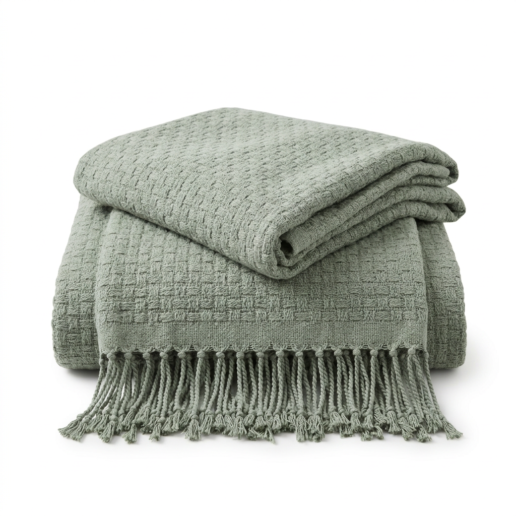 Sage green textured throw with fringed edge on white