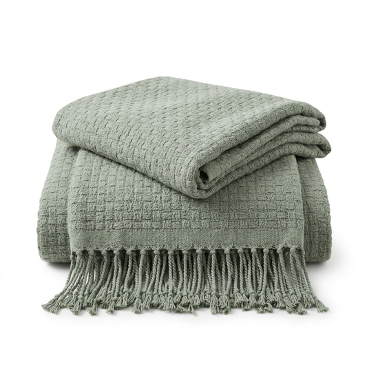 Sage green textured throw with fringed edge on white