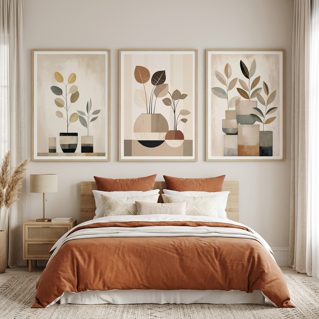 Botanical wall art trio styled above a bed