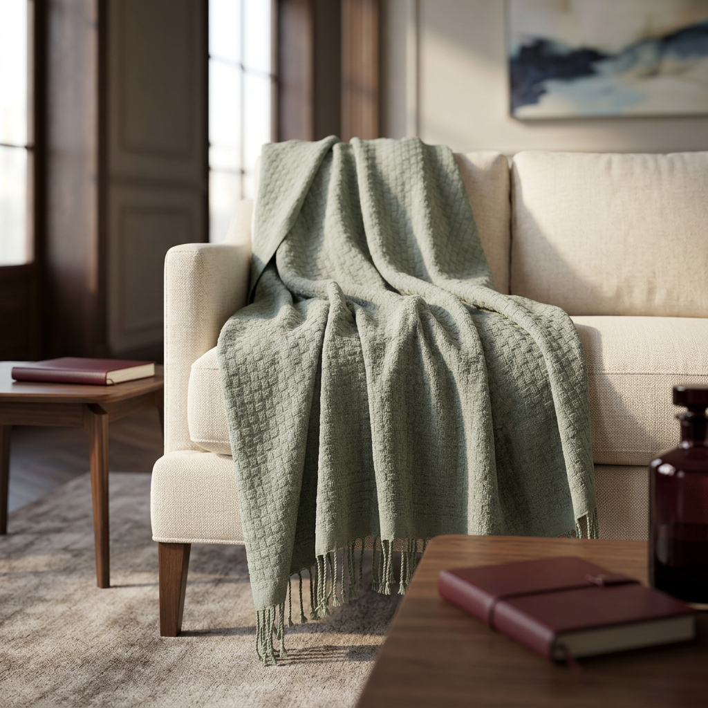 Sage textured throw draped over a cream sofa