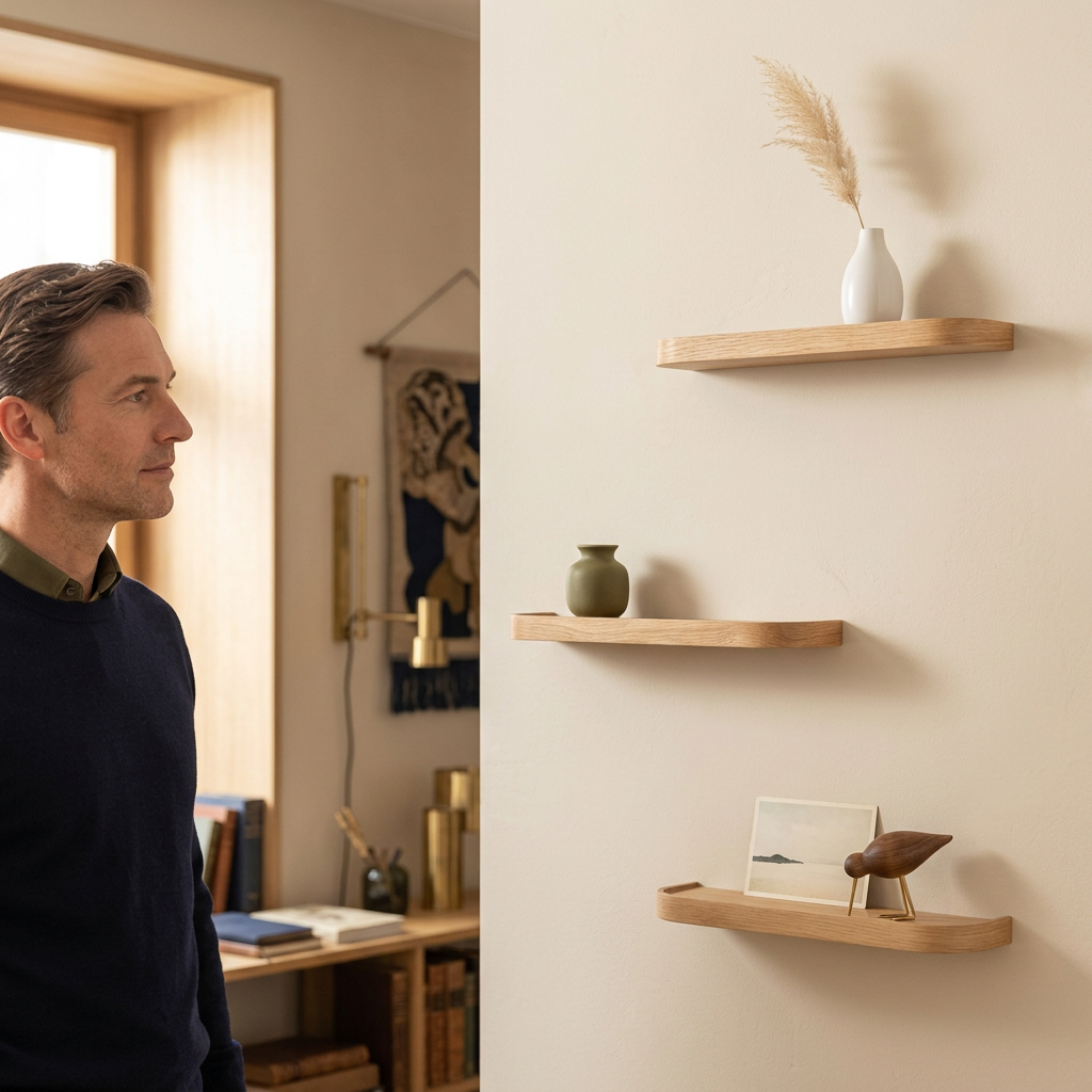 Man beside a three-piece wall shelf arrangement