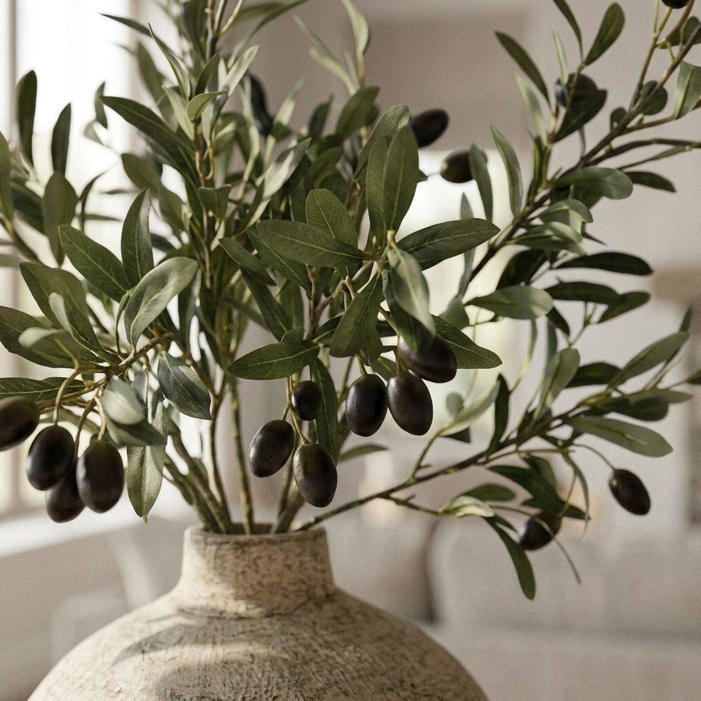 Detail of narrow artificial olive leaves and dark decorative olives