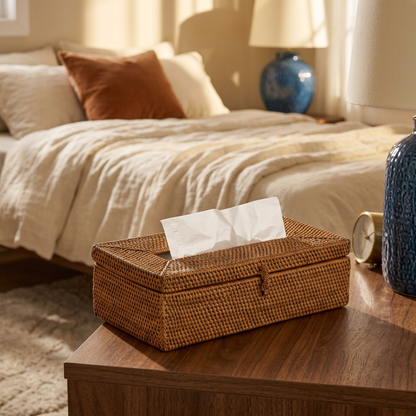 Woven tissue box cover styled beside a bed