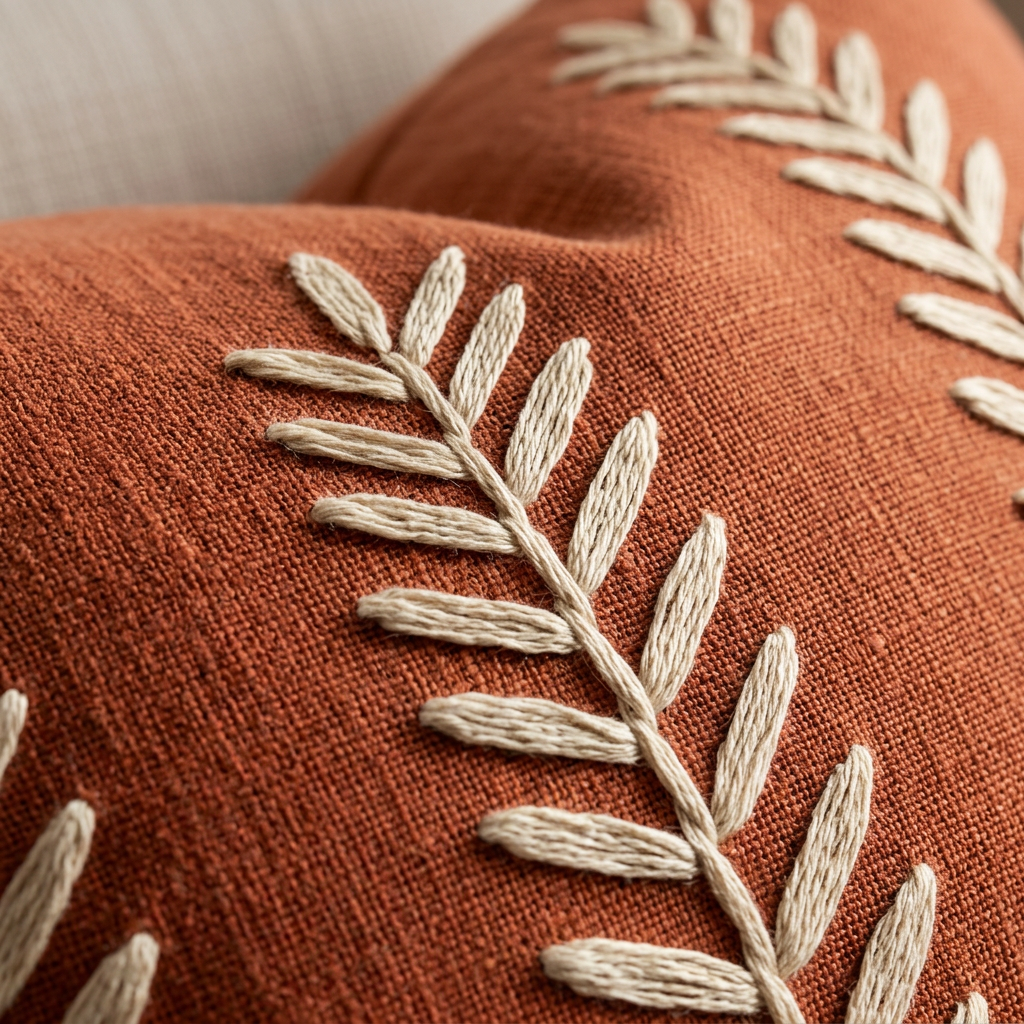 Closeup of cream botanical embroidery on terracotta fabric