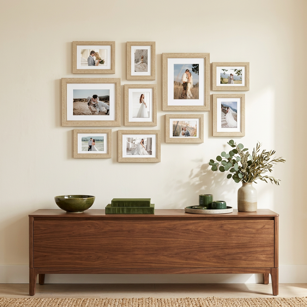 Ten-frame gallery styled above a walnut console