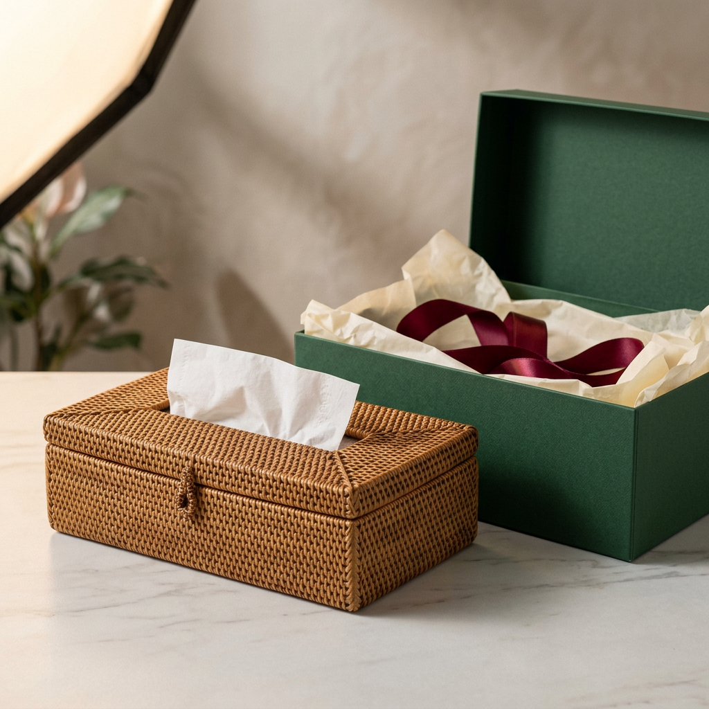 Gift packaging concept; box ribbon and tissues not confirmed as included