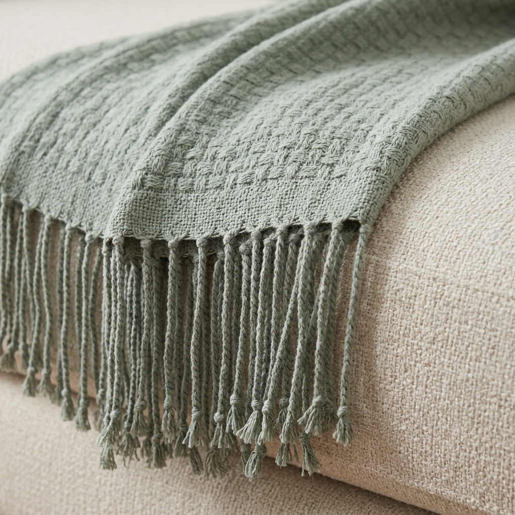 Close-up of sage throw fringe and edge
