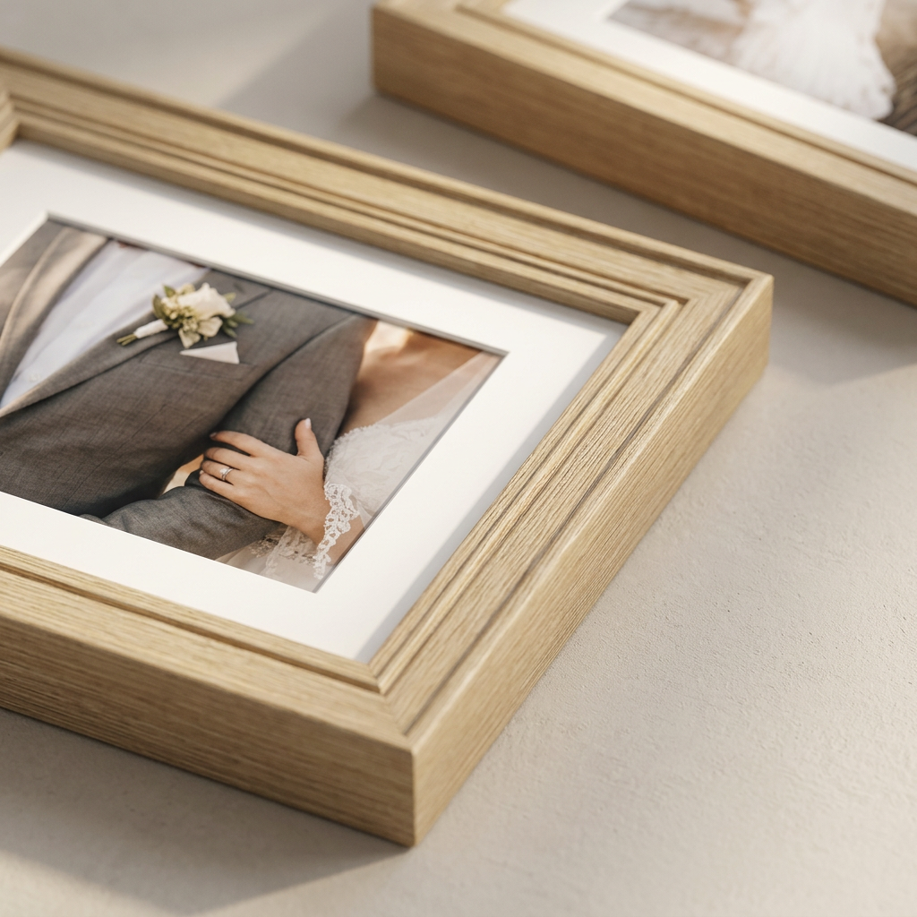 Close-up of pale frame profile and white inner border
