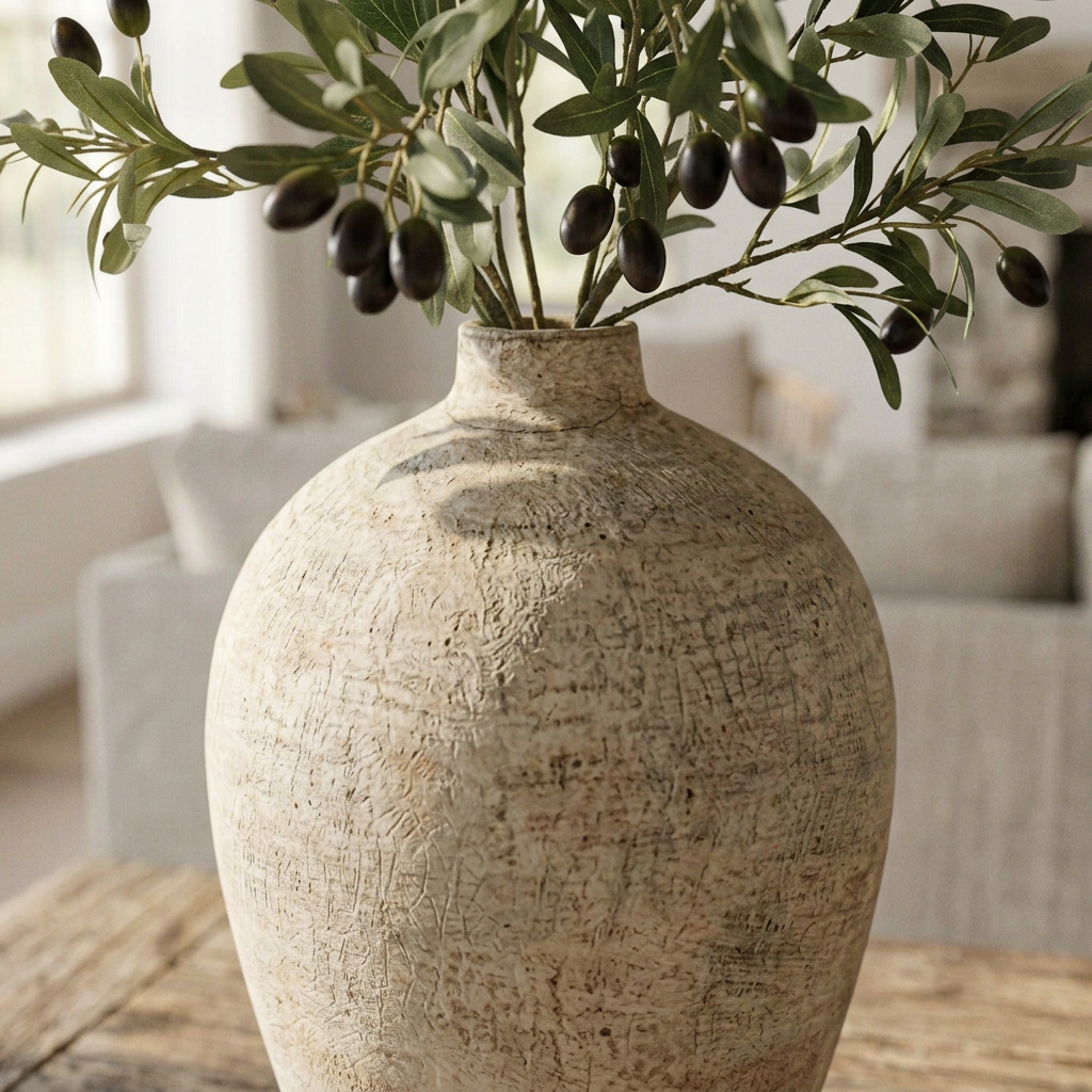 Close-up of the beige vase weathered-look surface and narrow neck
