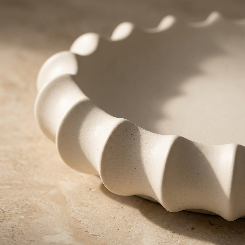Close-up of the sculptural fluted rim of an ivory ceramic tray