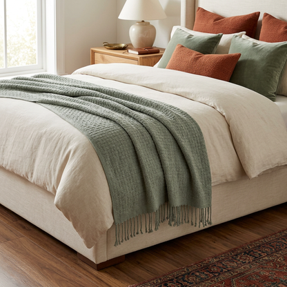 Sage throw styled at the foot of a bed
