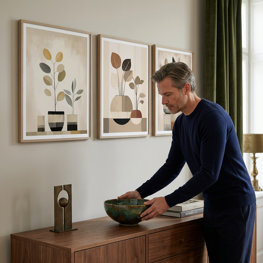 Man styling a console beneath botanical wall art