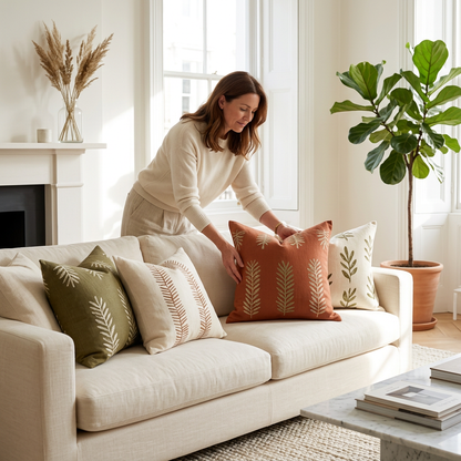 Woman styling botanical embroidered cushions on a cream sofa