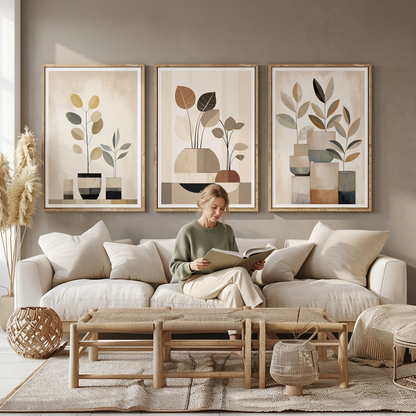 Woman reading beneath the botanical wall art set